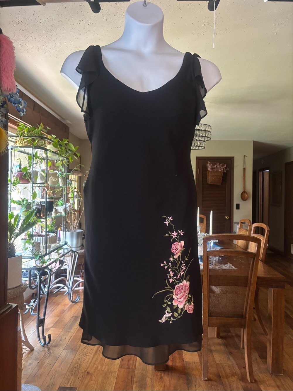 Vintage S.L. Fashions Black Floral-Embroidered Slip Dress with Ruffle Sleeves